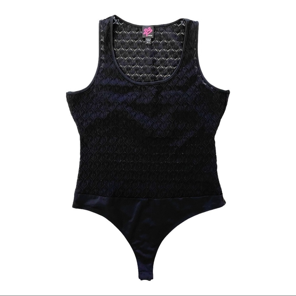 2B Bebe Lace Black Scoop Neck Stretch Bodysuit M/L